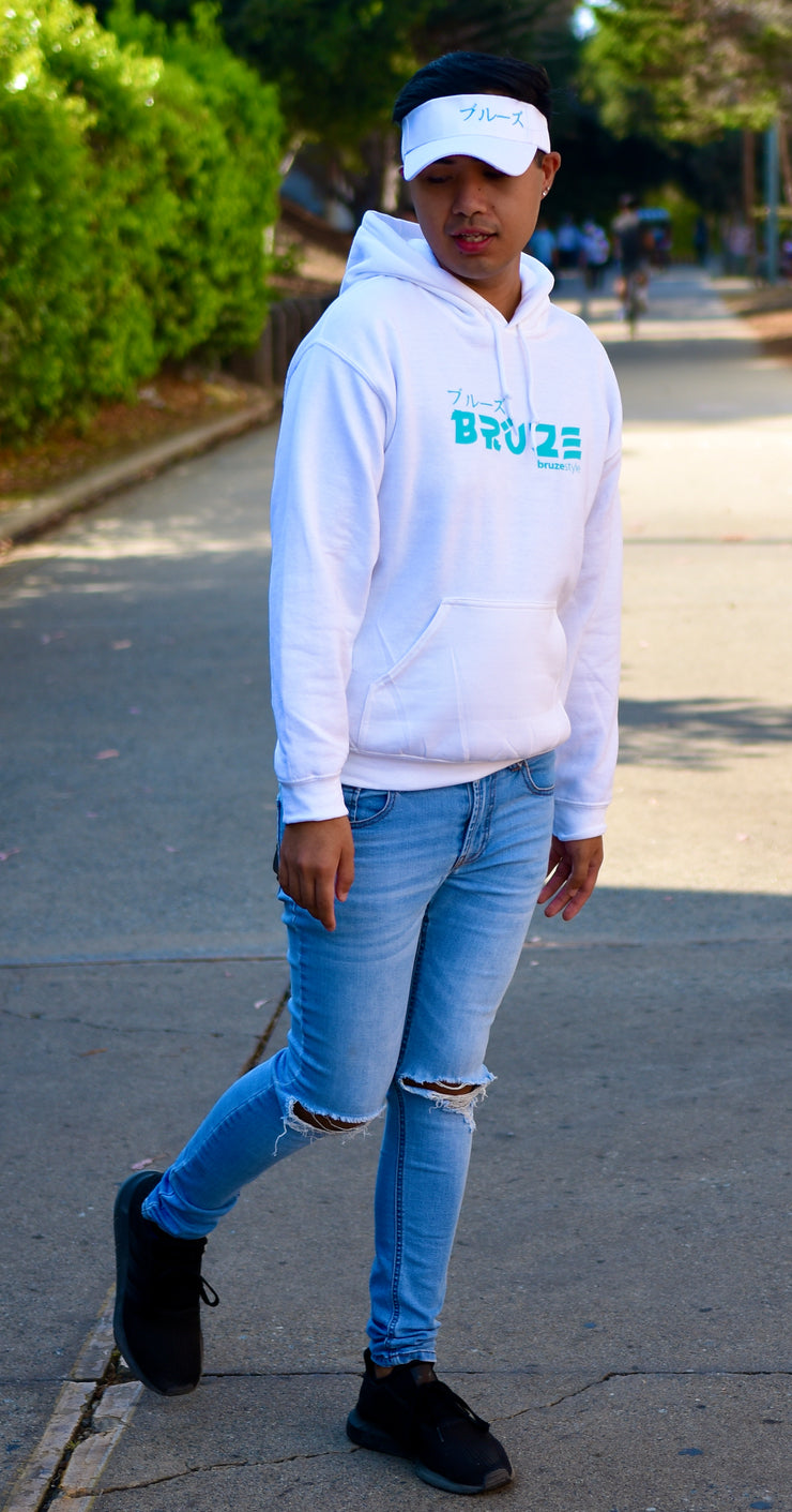 White Hoodie with Turquoise Logo